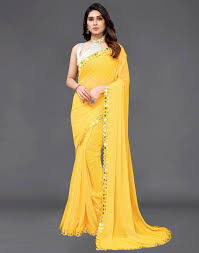Yellow Georgette Mirror Work Saree For Women