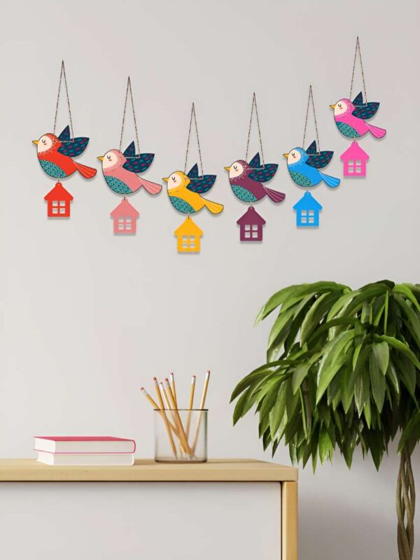 Art Vibes 6 Pcs Blue Pink Flying Birds Wooden Wall Hangings