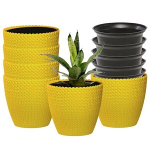 PRIVATE LABLE DOAP Decorative Planter Set 5 Self Watering Pots with Inner Liner Pots Plastic Flower Pots YELLOW COLOUR PACK OF 5