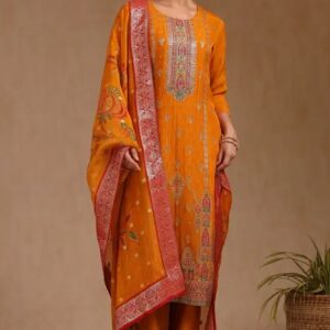sochti womens Mustard Organza Ethnic Motif Suit Set With Beads And Stones 2XL