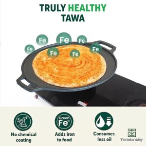 The Indus Valley Preseasoned Cast Iron Tawa with Free Wooden Spatula Black And Brown