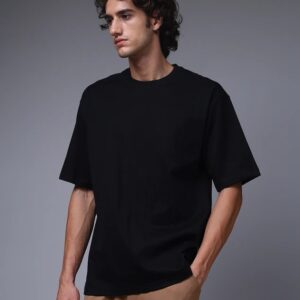 MADSTO Men Solid Crew Neck Pure Cotton Black TShirt size M