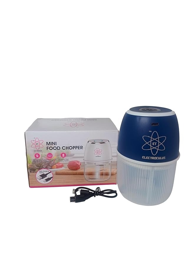 Electroculus Rechargeable Mini Electric Chopper 300 ml Food Grade Bowl Stainless Steel Blades One Touch for Mincing Garlic Ginger Onion Vegetable Meat NutsOXFORD BLUE