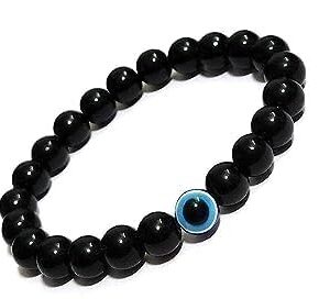 Private Lable Stylewell Stretchable Elastic White 8mm Moti Beads Stone Evil Eye Band Cuff Bracelet black colour