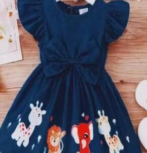 Frocks and Dresses Dark blue Baby Girl Dress with Cute Animal Print Soft Cotton Party Wear Frock