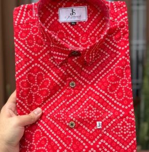 Red Bandhan Bandhej Printed Plus Size Mens Half Sleeves Cotton Shirt M size