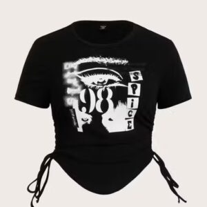 Private Label Womens And Girls Slogan Graphic Drawstring side Crop top Black Free Size