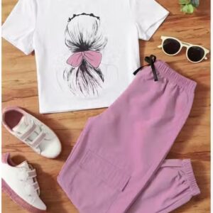 Private Label New Stylish Trendy Partywear T shirt And Bottom Sets White And Pink Colour 30 Size