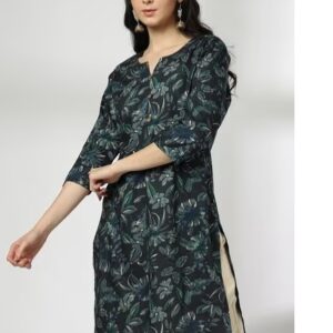 AVAASA MIX N MATCH Women Floral Print Cotton Straight Kurta navy L