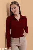Private Label Casual Polyester Blend Ribbed Collar V Neck Maroon Top S Size