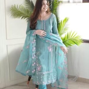 Private Label Women Sky Blue Colour Kurti And Dupatta Set M Size