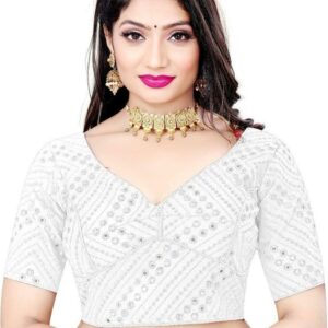 Private Label Beautiful Embroidery Lycra Blouse for Women White Colour Free Size
