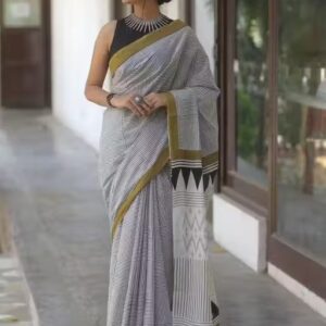 Private Label Grey Colour Hand looms Saree
