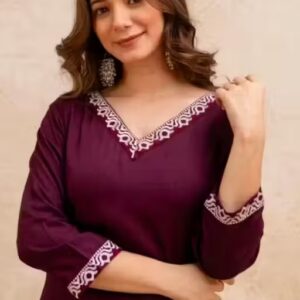 Private Label Women V Neek Purple Colour Kurti Free Size Set