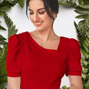 Private Label Casual Polyester Blend Puff Sleeves Asymmrtrical Neck Red Stylish Top Red Colour Free Size