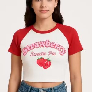 Private Label Strawberry Sweetie Pie Crop Top For Women Red And White Colour M Size