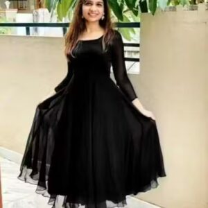 Private Label Black Color Georgette fabric fully flared full Sleeve Long Anarkali Gown for Women and Girls M Size