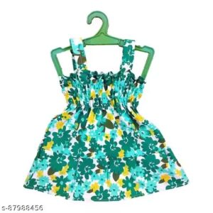 Private Label Girls Green Colour Priented Cotton Frocks Free Size