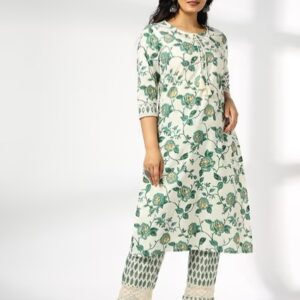 AVAASA SET Women Floral Print Straight Kurta AND Pants Set teal M