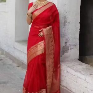 Private Label Red Organza Weaving Silk Saree for Womens