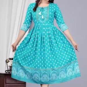 Private Label Women Stylish Printed Anarkali kurti Sky Blue Colour Free Size