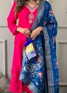 Womens Viscose Embroidered Kurta And Pant With Printed Dupatta Set