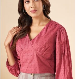 Pantaloons Red Textured Casual Three Quarter Sleeves V Neck Women Boxy Tops L
