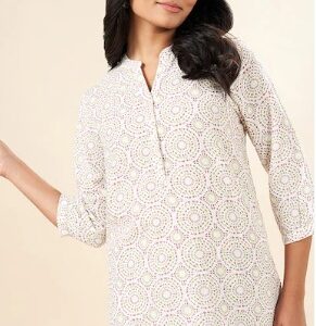 Pantaloons Pink Print Cotton Flax Mandarin Women Regular Fit Tunics XXL