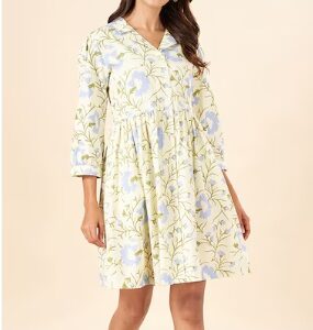 Pantaloons Olive Printed Shirt Collar Casual Hip Length Three Quarter Sleeves Women Regular Fit Ethnic Dresses L