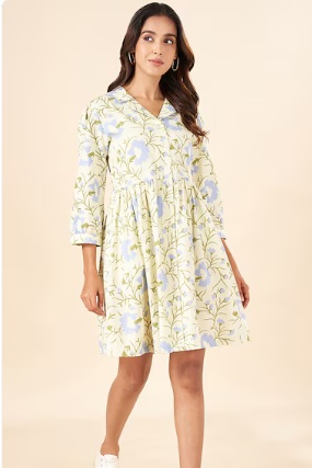 Pantaloons Olive Printed Shirt Collar Casual Hip Length Three Quarter Sleeves Women Regular Fit Ethnic Dresses L