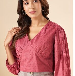 Pantaloons Red Textured Casual Three Quarter Sleeves V Neck Women Boxy Tops M