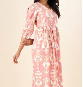 Pantaloons Peach Printed V Neck Casual Women Regular Fit Ethnic Dresses XS
