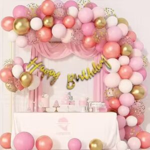 Shop2Home 54 Pc Birthday Decoration Kit Rose Gold Pink White Balloon Birthday Banner Gold Chrome Gold Confetti Arc Glue Dot for girls Kids Baby Birthday Decoration Items Birthday Decoration Combo