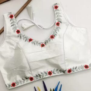 Private Label White colour Thread Work Silk Embroidered Blouse Size 34