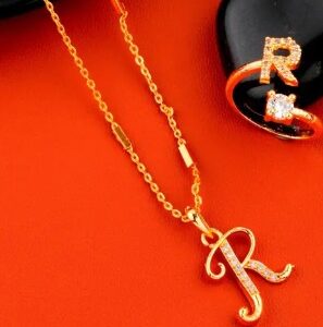 Private Label r name letter Gold plated pendant necklace chain with ring for women and girls Gold plated Plated Alloy Chain