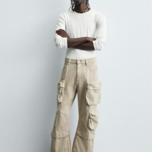 Zara Mens DENIM CARGO TROUSERS WITH POCKETS camel Color Size 38