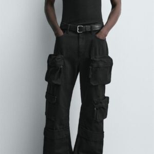 Zara Mens DENIM CARGO TROUSERS WITH POCKETS Black Color Size 38