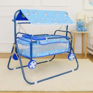 Metal Baby Cradle with Wheels Foldable Design with Canopy for for 06 Months Blue Color