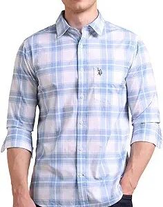 UPointSPoint POLO ASSNPoint Men Cotton Tailored Fit Windowpane Checked Shirt Size S Blue Color