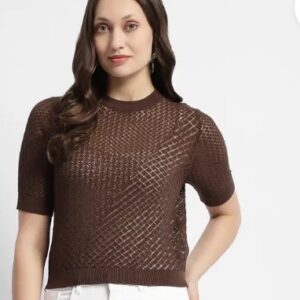 Madame Brown Casual Regular Sleeves Self Design Women Top Size M