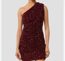 Forever New Embellished Sequined One Shoulder Ruched Bodycon Mini Dress Size 6 Bitter Cherry Color