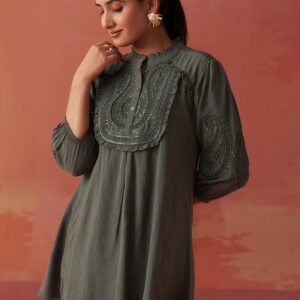 Lakshya Saba Army Green Cotton Linen Embroidered Top For Women Size Xl