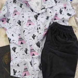 BoyS Kids Cotton Blend Printed Short Sleeve Regular Wear Shirt Shorts Clothing Set Black And White Size 35 Year