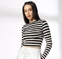 Teamspirit Women Striped Fitted Top For Women Black With White Size S