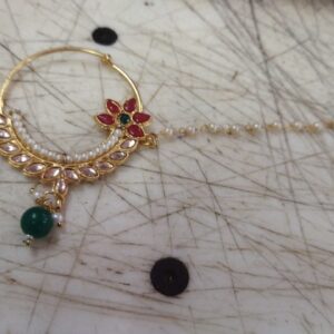 Gold Plated Green Kundan Studded Pearl Beaded Nose Ring For Women