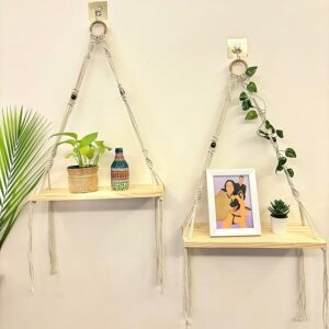 Set Of 2 Macrame Plant Hanger With Wood Shelf Decorative Hand Made Flower Pot Holder Boho Home Decor 36 Inch