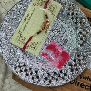 Rakhi Combo With Silver Color Pooja Thali Roli Chawal