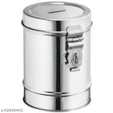 Stainless Steel Coin Box Money Bank Container Round Shape Steel Piggy Bank Pack Of 2