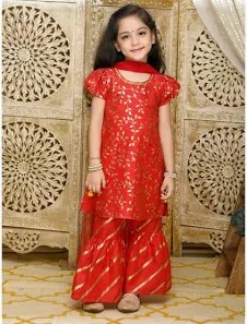 Saka Designs Girls Red Sequinned Kurti With Sharara Size 8 To 9 Year