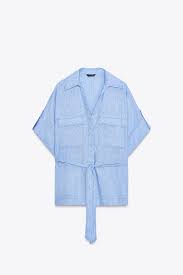 Zara Blue Linen Blend Safari Shirt For Women Size Xs